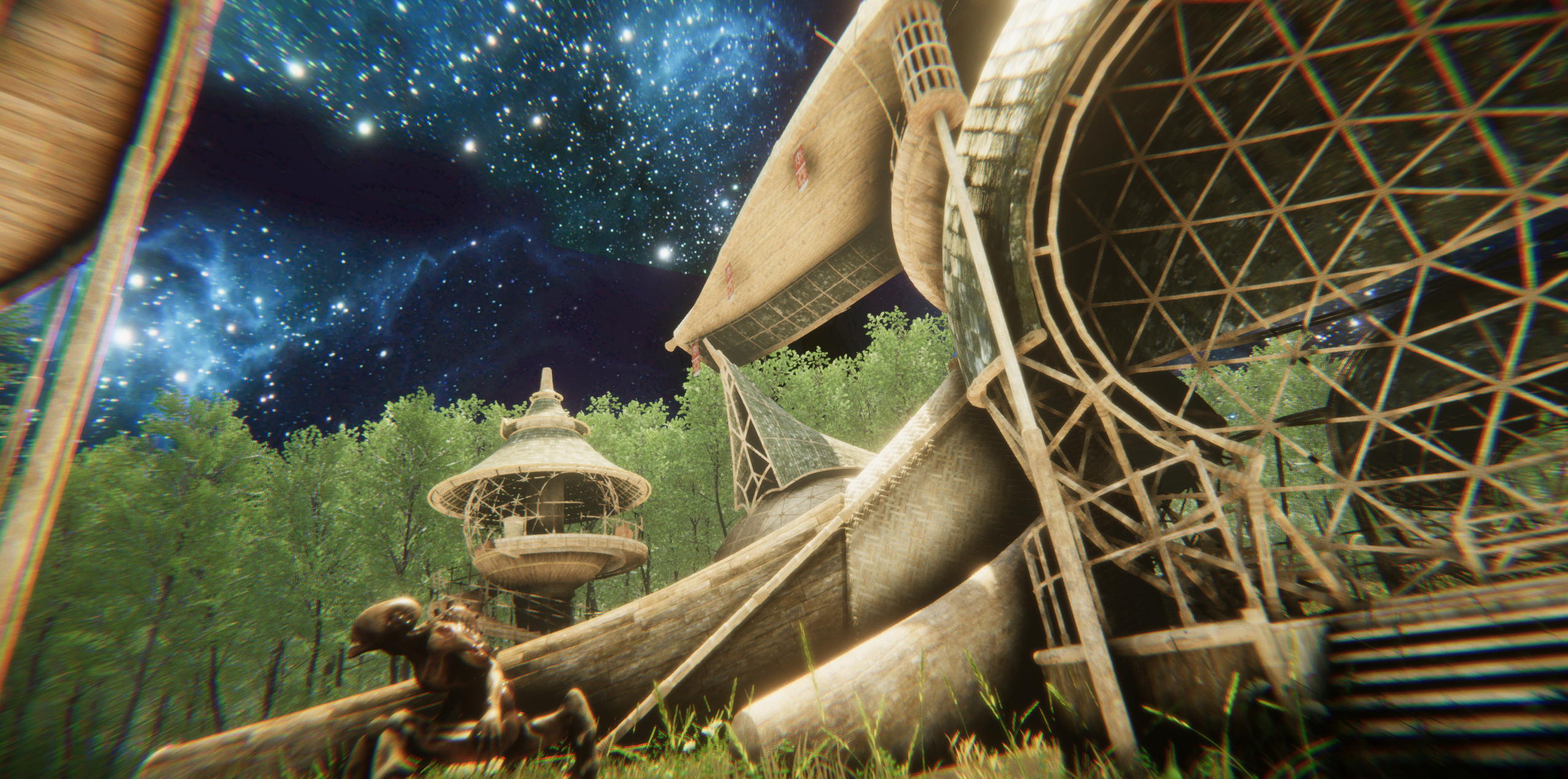 A fortified science-fiction outpost sits among dense alien vegetation.
