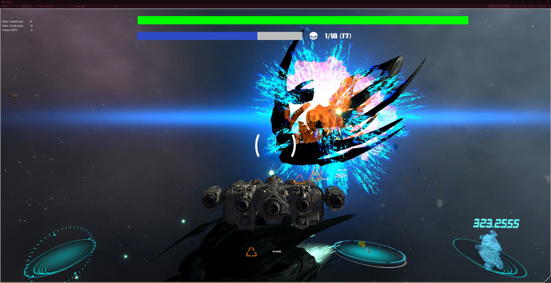 A spacecraft fires into a bright energy anomaly during an orbital engagement.
